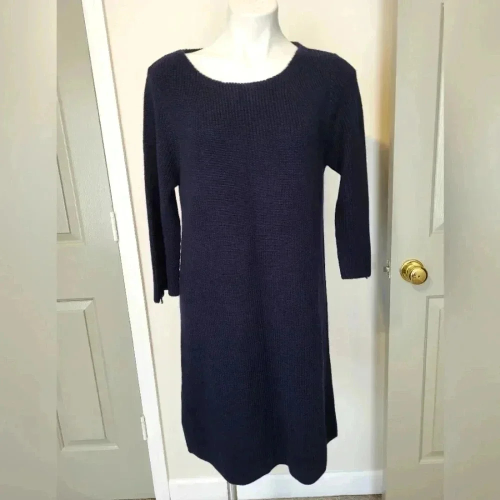 LOFT Navy Merino Wool Blend Knit Sweater Petite Dress with Zipper Details(XL)